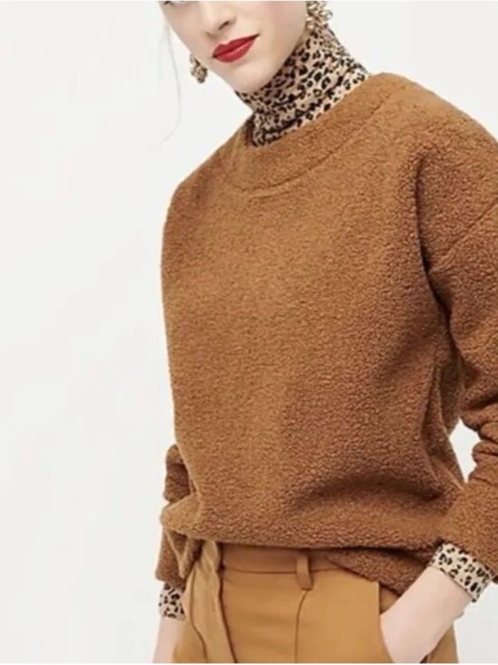 J. Crew Tan Brown Bouclé Sherpa Teddy Cropped Crewneck Sweater - XL